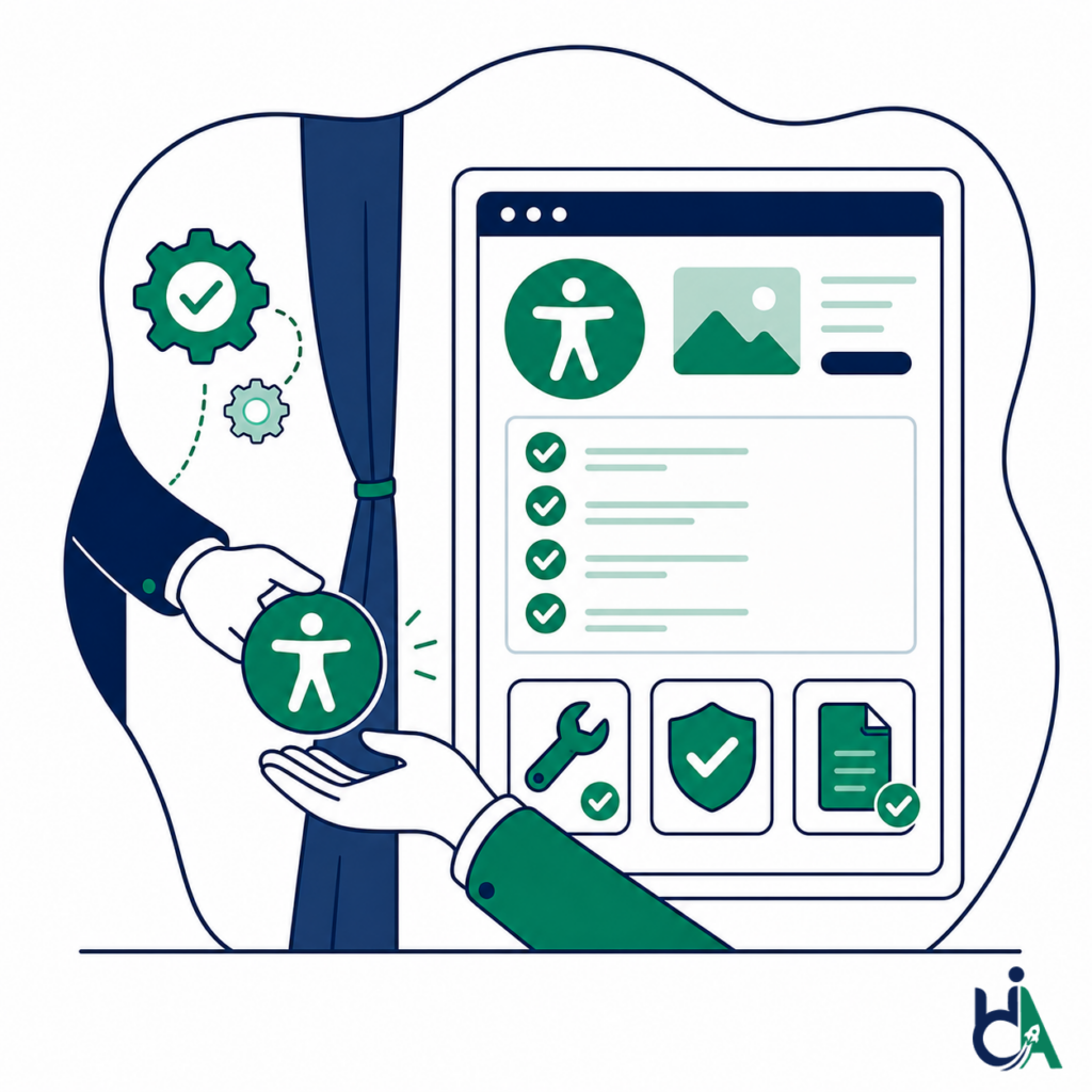 White label accessibility services dashboard for digital agency partners, with a hand passing an accessibility badge beside audit checklist icons