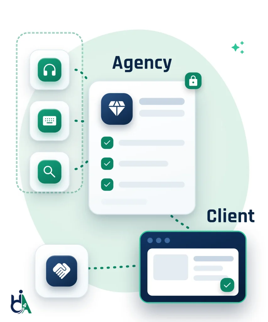 Diagram: headphones, keyboard and magnifier tiles in a dashed frame feed into a white report with a navy badge, labelled Agency, which links to a client browser window with a green tick, labelled Client. A lock and a handshake tile show the work is delivered confidentially under the agency's brand.