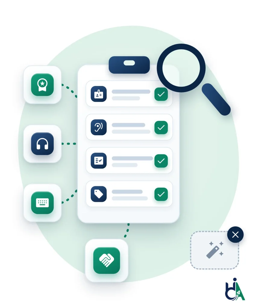 Diagram: a clipboard checklist under a magnifying glass shows four vendor questions, marked by a badge, an ear, a report and a price tag, each with a green tick. Certificate, headphones and keyboard tiles connect to it, a handshake tile sits below, and a magic-wand tile is crossed out to show instant-fix widgets being ruled out.