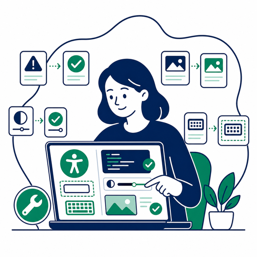 Accessibility remediation services illustration: a developer fixes accessibility issues on a laptop, with warning, checkmark, contrast and keyboard icons