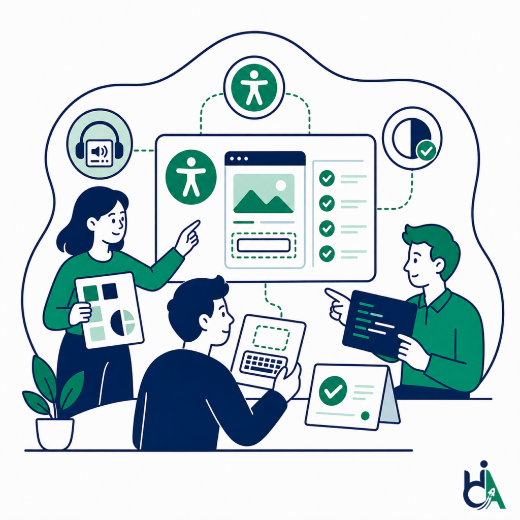 Accessibility training workshops illustration: a team learns accessible design and development together around shared screens and checklists