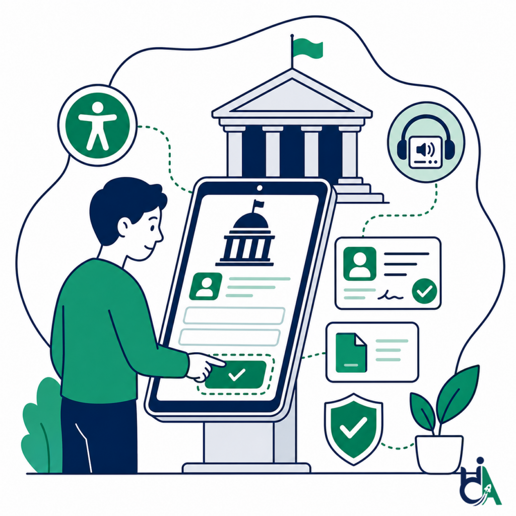 Government accessibility services illustration: a person uses an accessible public sector kiosk in front of a government building, with accessibility, audio and document icons