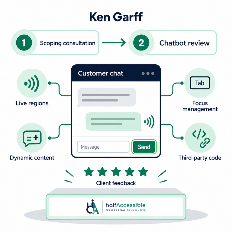 HalfAccessible reviews Ken Garff’s chatbot for live-region announcements, focus management, dynamic content, and third-party code.
