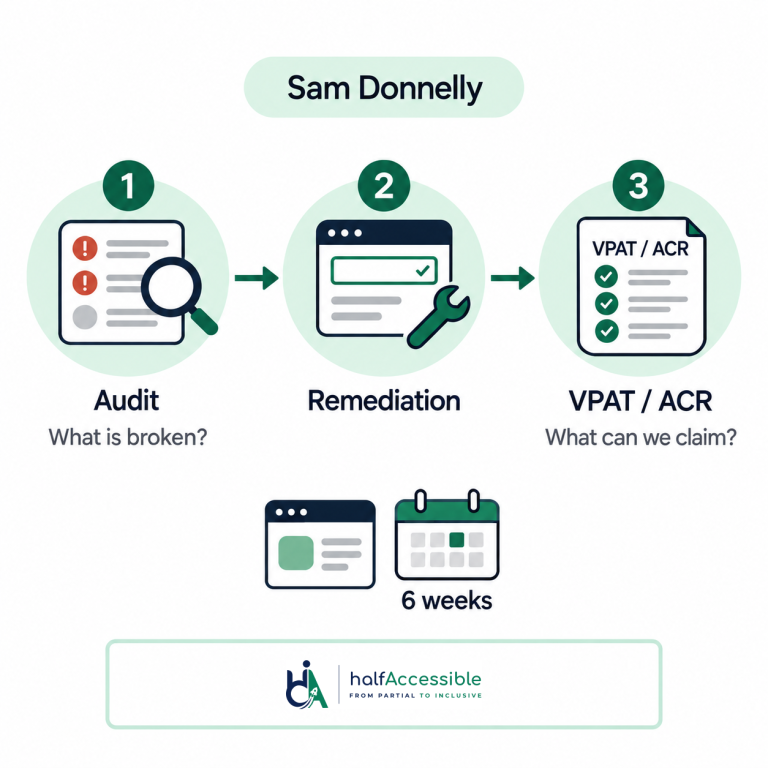 HalfAccessible illustrates Sam Donnelly’s three-stage SaaS engagement covering accessibility audit, remediation, and VPAT reporting over six weeks.