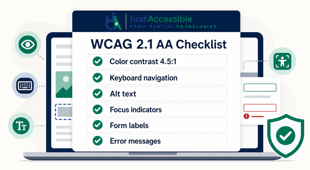 A WCAG 2.1 AA compliance checklist shows green checkmarks for color contrast, keyboard navigation, alt text, focus indicators, form labels, and error messages.
