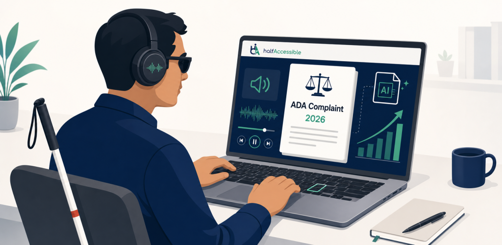 A person with a visual disability using a screen reader on a laptop, with a federal court complaint document visible on the screen, representing the rise of AI ADA lawsuits against websites in 2026