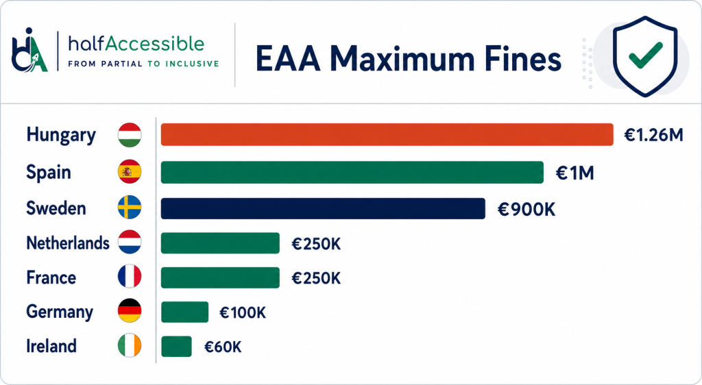 Horizontal bar chart of EAA maximum fines by country, led by Hungary at €1.26 million, Spain at €1 million, and Sweden at €900,000.