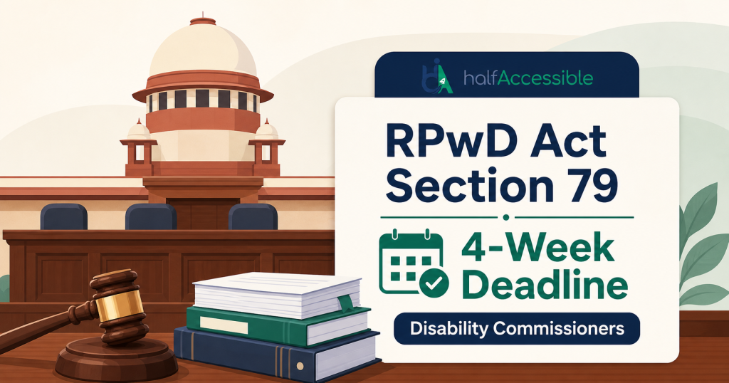 Vector illustration of a Supreme Court of India bench with a gavel and overlay text noting RPwD Act disability rights India and a four-week compliance deadline for disability commissioners.