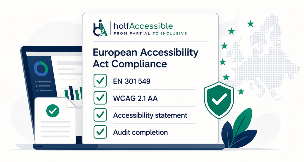 A European Accessibility Act compliance checklist shows checked items for EN 301 549, WCAG 2.1 AA, accessibility statement, and audit completion.