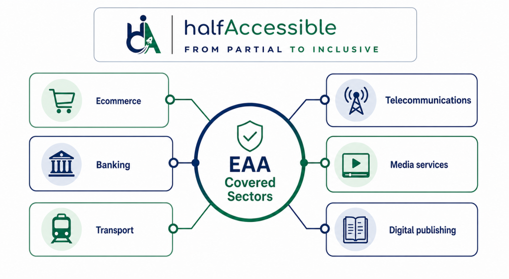 Diagram of European Accessibility Act covered sectors showing ecommerce, banking, transport, telecommunications, media services, and digital publishing with icons for each.