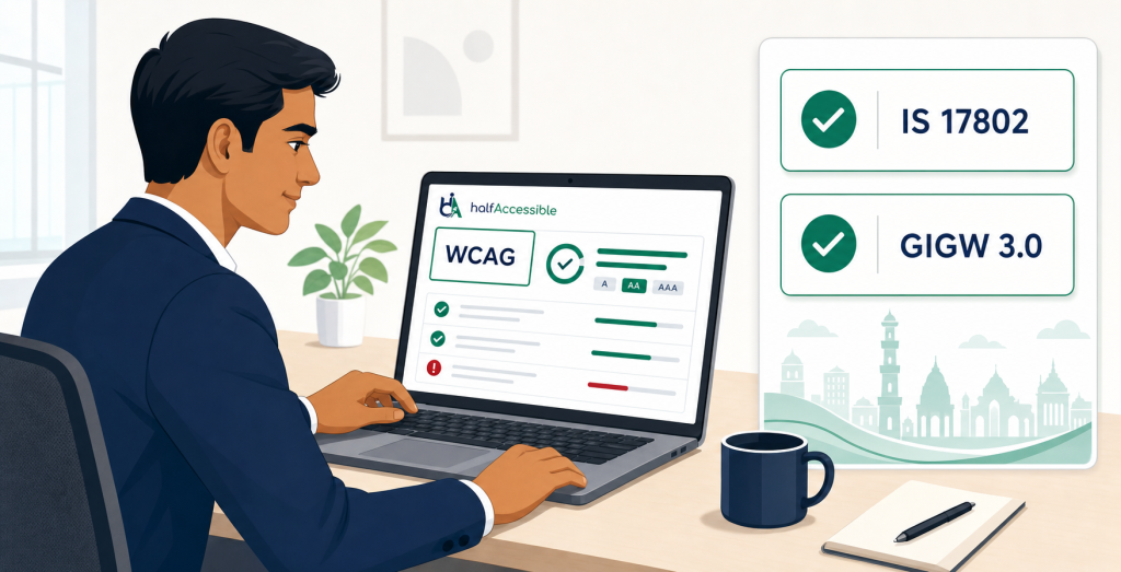 An Indian business professional reviews a WCAG accessibility audit report on a laptop beside a checklist for IS 17802 and GIGW 3.0 requirements.