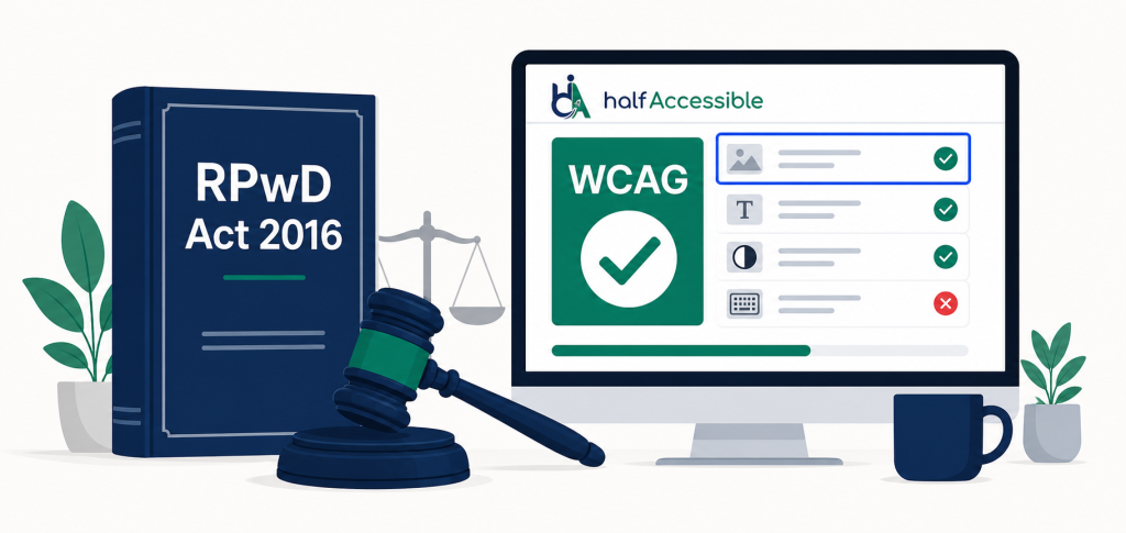 An RPwD Act 2016 document and gavel appear beside a WCAG compliance testing screen, showing the legal basis for India digital accessibility requirements.