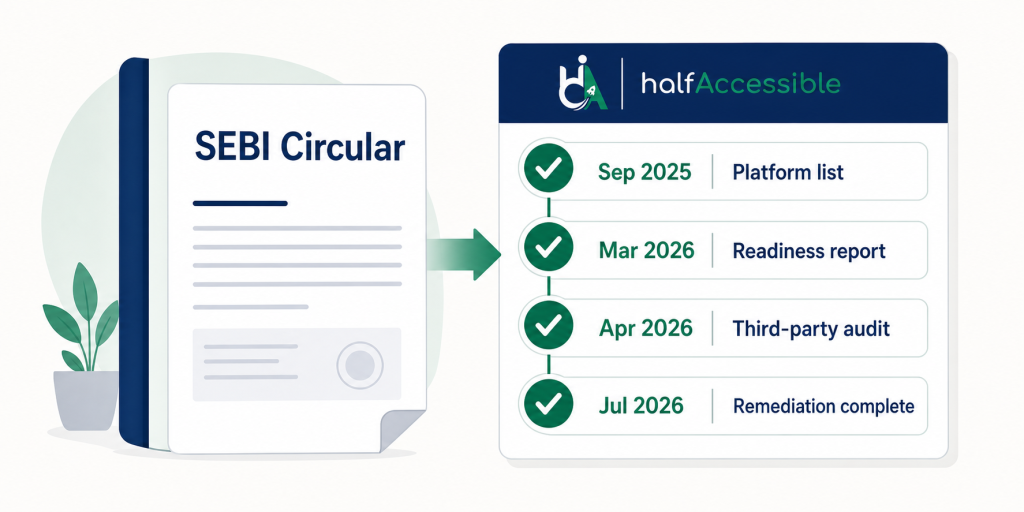A SEBI Circular document appears beside a compliance checklist with milestones for September 2025, March 2026, April 2026, and July 2026.