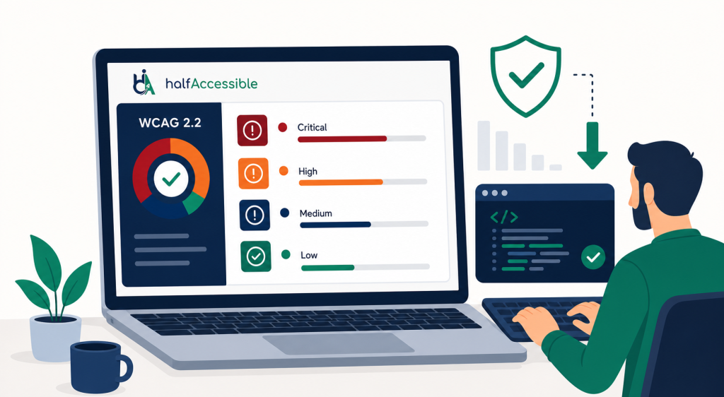 Accessibility audit report on a laptop screen showing WCAG 2.2 violations mapped to severity levels, with a developer implementing fixes to reduce AI ADA lawsuit risk