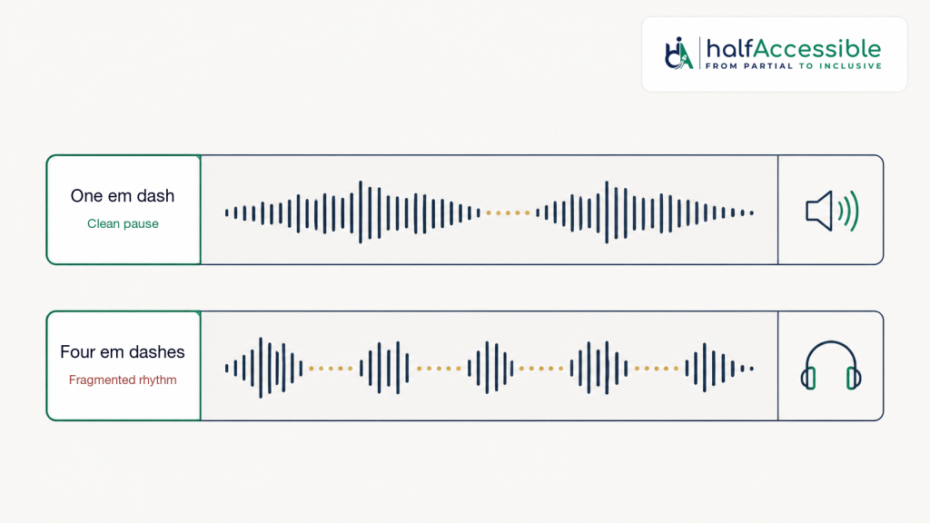 HalfAccessible diagram compares one clean screen-reader pause with the fragmented rhythm caused by four em dashes.