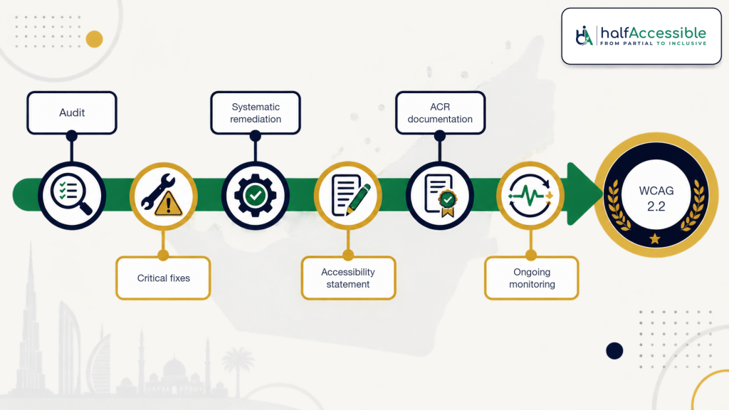 A HalfAccessible compliance roadmap progresses through audit, critical fixes, systematic remediation, accessibility statement, ACR documentation, and ongoing monitoring toward WCAG 2.2.