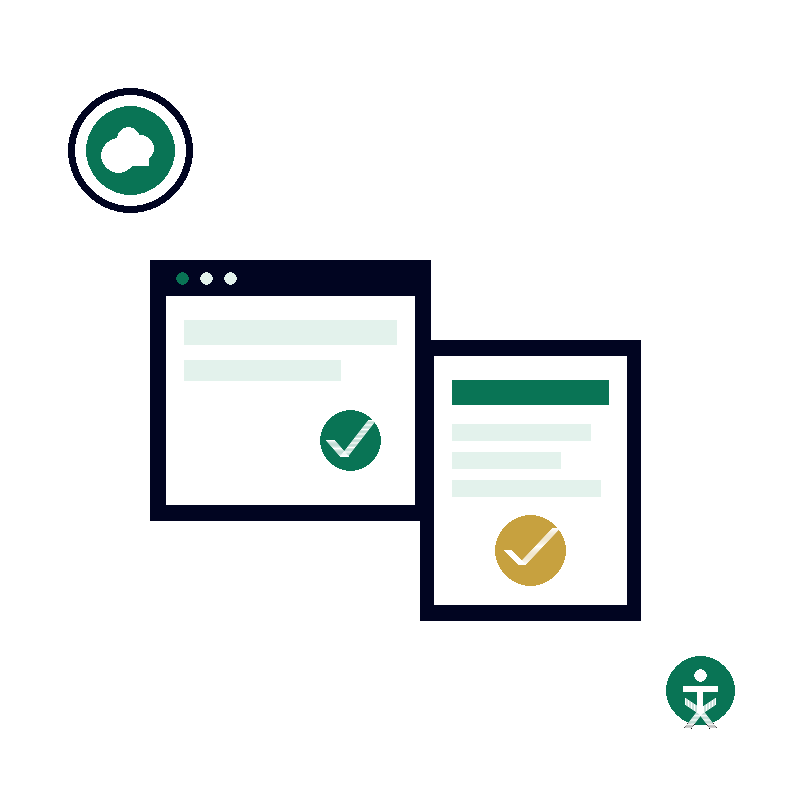 Illustration of a browser window with a passing accessibility check next to a VPAT document with a certification seal