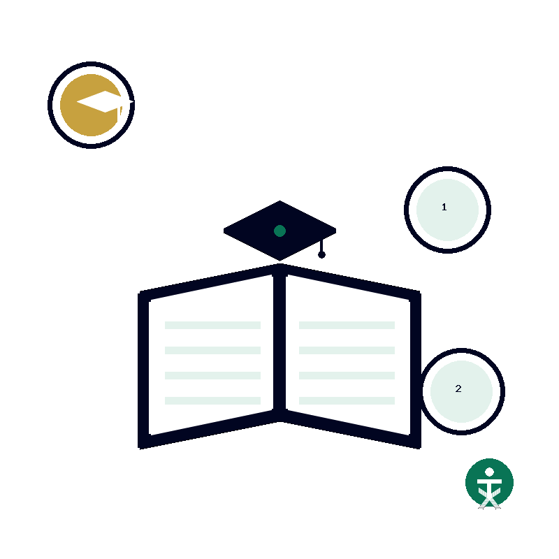 Illustration of a graduation cap above an open book with two numbered badges, representing two rounds of an EdTech accessibility audit