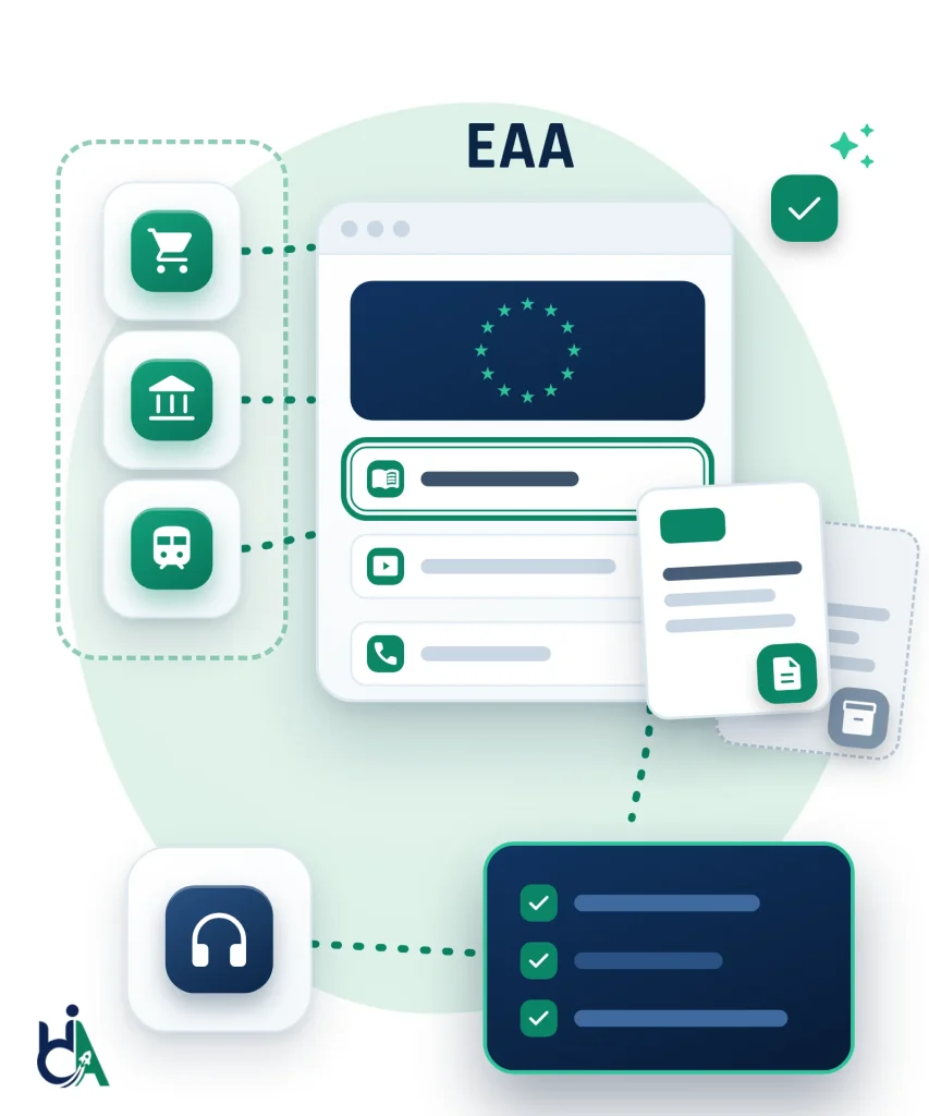 Diagram: tiles for a shopping cart, a bank and a train connect to a browser window under the label EAA, which lists an e-book, a video and a phone call row, with the e-book row showing a green focus ring. A current document with a green icon sits in front of a greyed, dashed archived document, and both lead to a navy report card with three green ticks beside a headphones tile, showing in-scope services and content checked with a keyboard and screen readers.