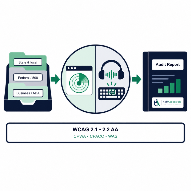 ADA Section 508 accessibility audit illustration: HalfAccessible guides state and local governments, federal organizations, and private businesses through automated and manual testing into a WCAG Level AA audit report.