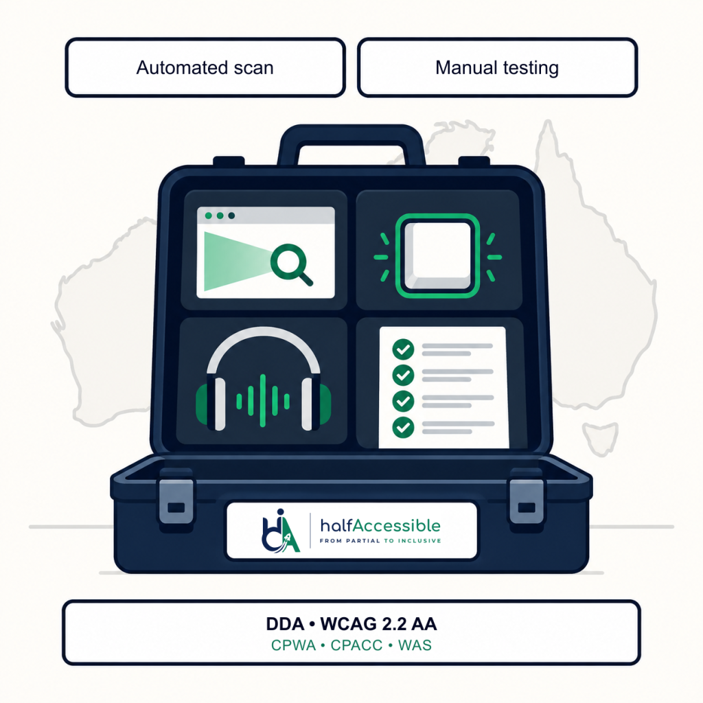 HalfAccessible illustrates automated scanning and expert manual testing combining into a DDA and WCAG 2.2 AA accessibility audit for Australian digital products.