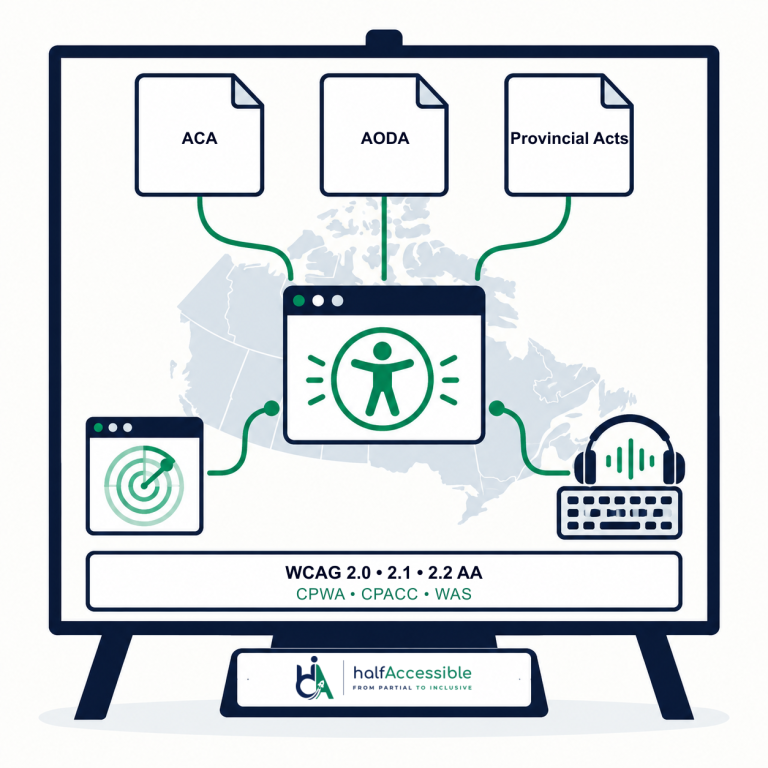 HalfAccessible illustrates ACA, AODA, and provincial accessibility requirements feeding into automated and manual website testing benchmarked against WCAG 2.0, 2.1, and 2.2 Level AA.