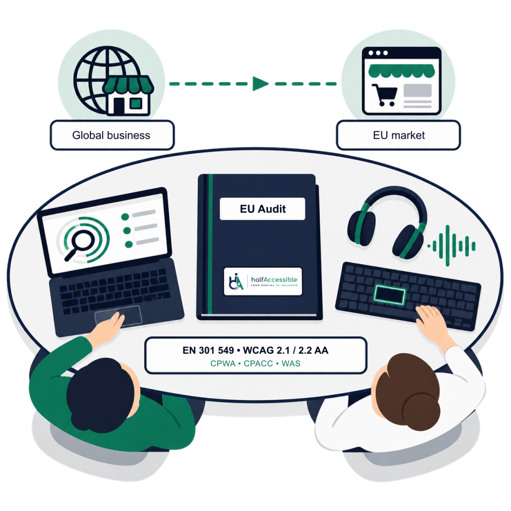 EU accessibility compliance audit illustration: HalfAccessible helps a global business serving the EU market combine automated scanning and manual testing against EN 301 549 and WCAG Level AA.