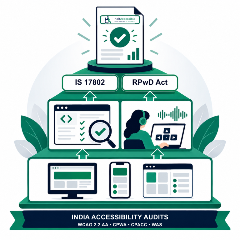 Flat-vector audit workflow showing websites, apps, and platforms progressing through automated and manual testing toward an accessibility report, labelled IS 17802, RPwD Act, and WCAG 2.2 AA.