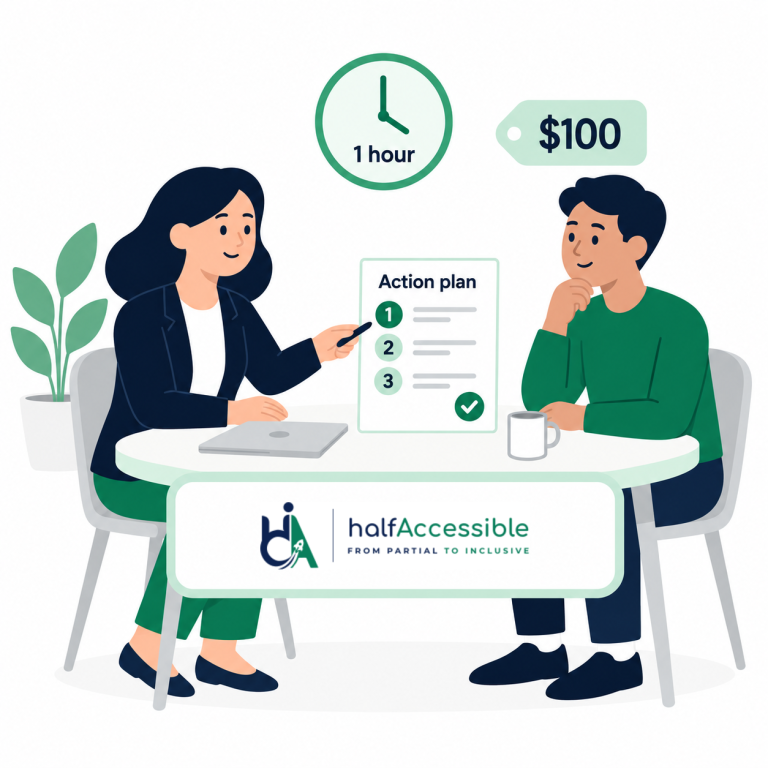 HalfAccessible specialist discusses a prioritized action plan during a one-hour, $100 accessibility consultation.