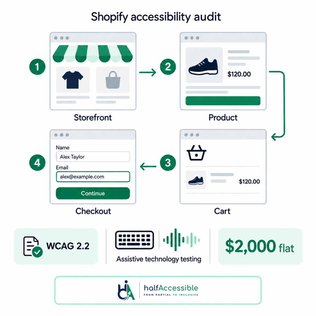 HalfAccessible illustrates a $2,000 WCAG 2.2 audit across the Shopify shopping journey, including assistive technology testing.