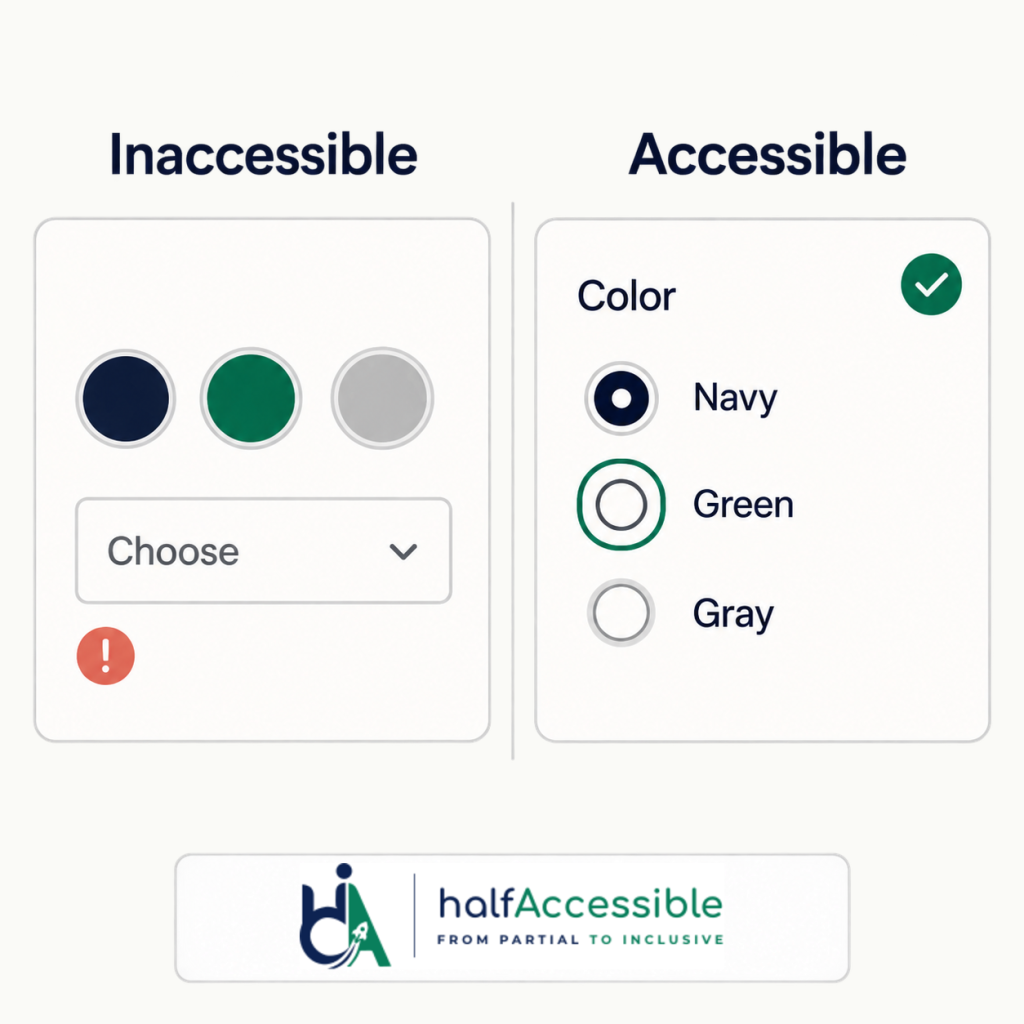 Comparing an inaccessible Shopify variant picker with an accessible radio-button version