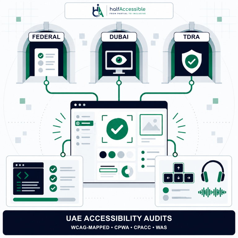 UAE website accessibility audit illustration: Federal, Dubai, and TDRA portals feed a WCAG-mapped audit dashboard with keyboard and assistive-technology testing; CPWA, CPACC, and WAS certified.