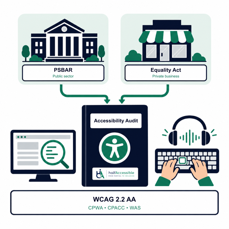 HalfAccessible illustrates UK public-sector PSBAR and private-business Equality Act contexts converging into an accessibility audit combining automated and manual WCAG 2.2 AA testing.
