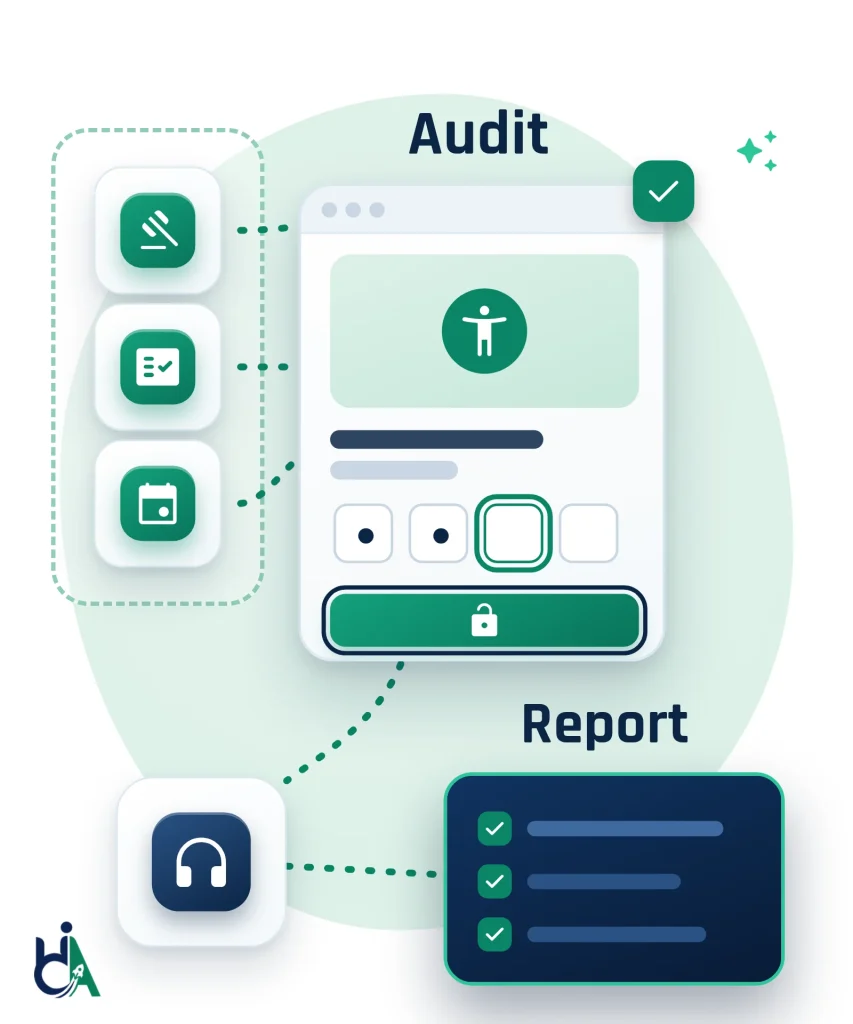 Diagram: gavel, checklist document and calendar tiles in a dashed frame connect to a website labelled Audit, where an accessibility icon sits above a one-time-password field with a visible focus ring and an unlock button. Dashed lines lead to a headphones tile and a navy card labelled Report with three green ticks, the path from India's accessibility rules to an audit report.