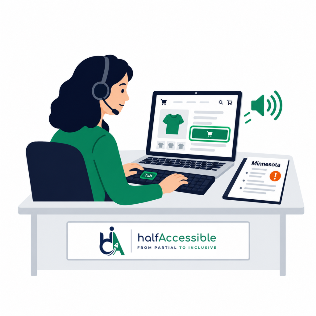 A HalfAccessible tester uses a screen reader to review a Minnesota retail website for accessibility barriers.