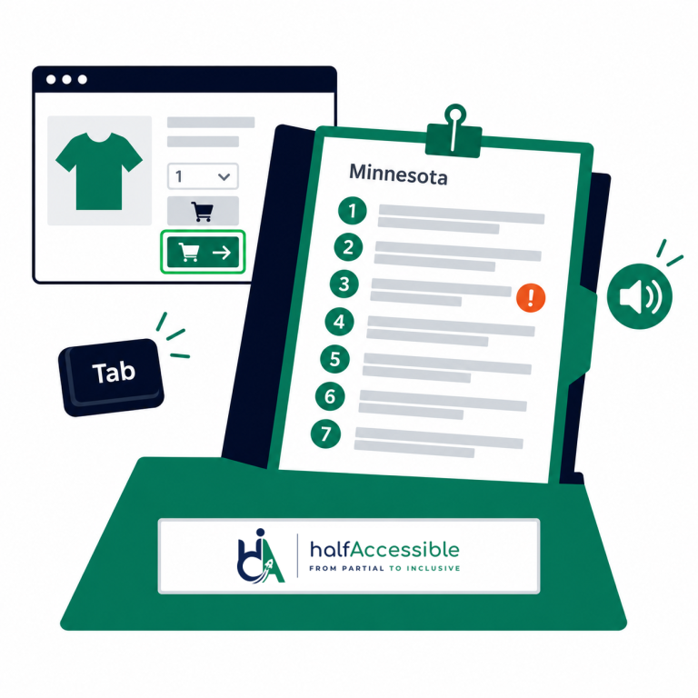 HalfAccessible illustrates seven Minnesota retail website accessibility lessons with checkout focus, keyboard navigation, and screen-reader cues.