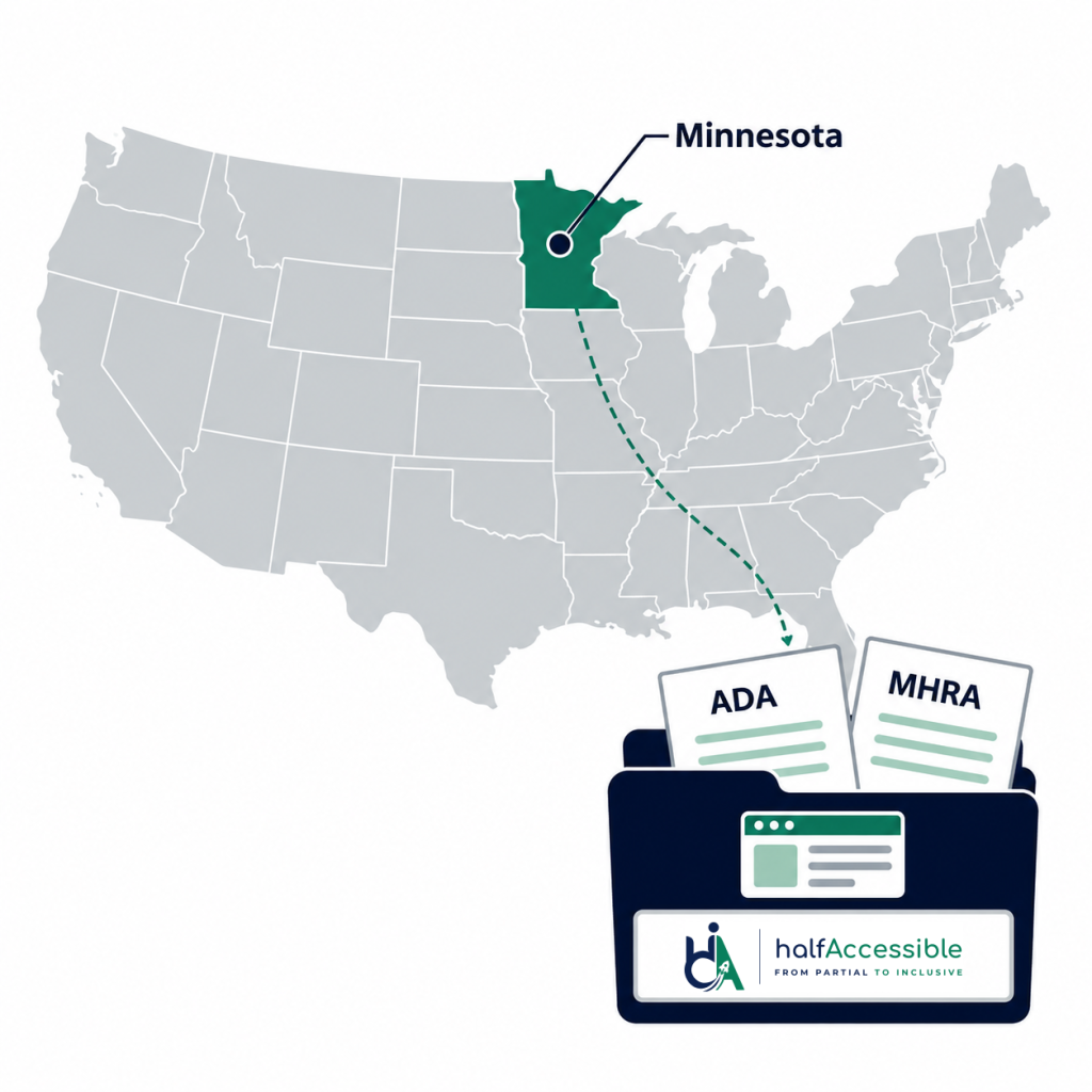 HalfAccessible map highlighting Minnesota, linked to ADA and MHRA website accessibility filing documents.