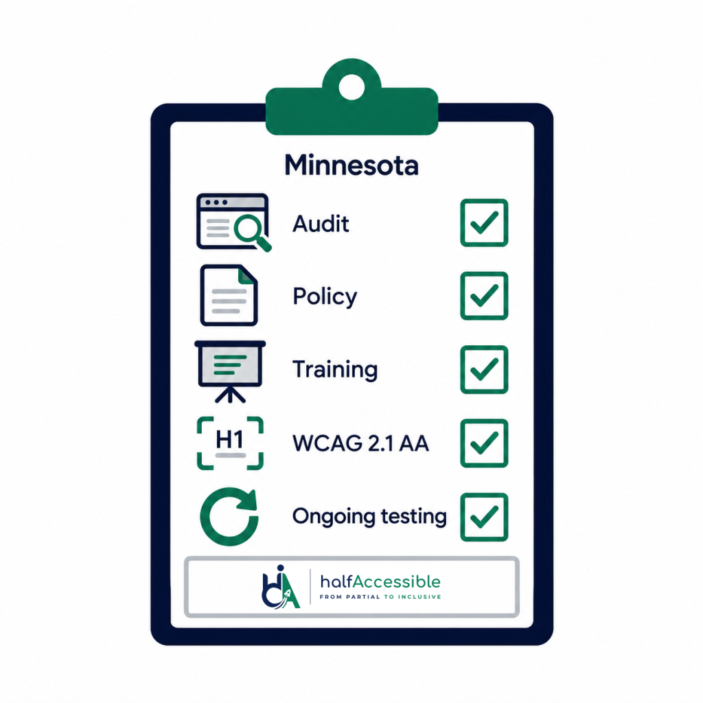 HalfAccessible checklist showing audit, policy, training, WCAG 2.1 AA, and ongoing testing steps for Minnesota website accessibility.