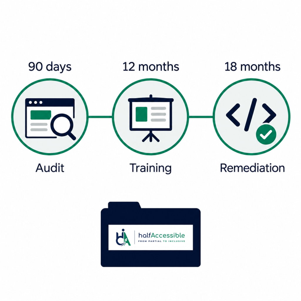 HalfAccessible timeline showing a 90-day audit, 12-month training, and 18-month remediation milestones for retail accessibility programmes.