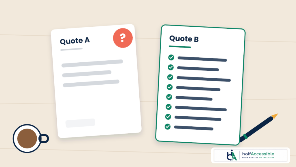 Comparing two accessibility audit quotes using a checklist of scope, standard and re-test