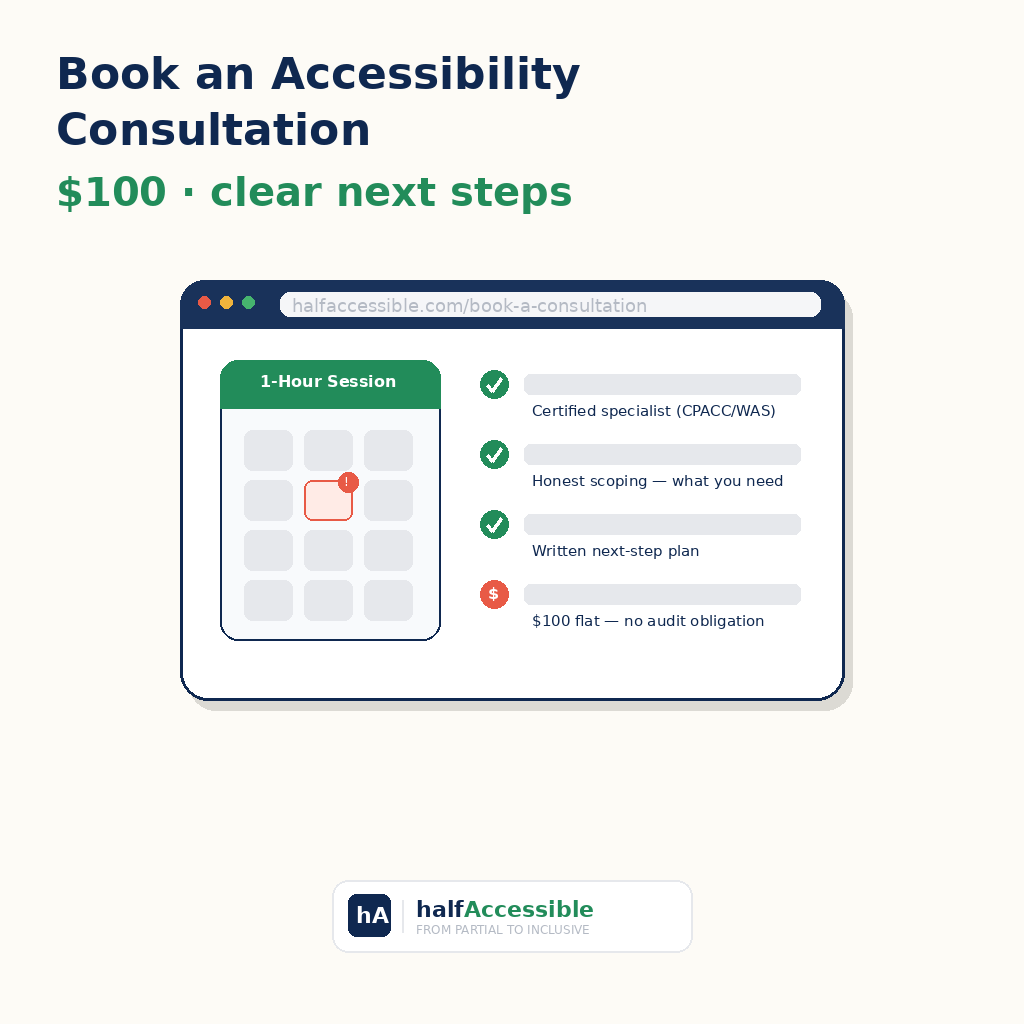 Book an accessibility consultation — $100 flat 1-hour session with a certified specialist