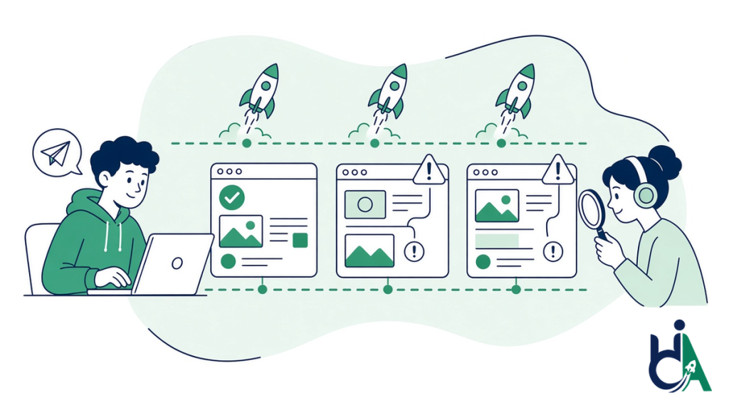 Accessibility regressions after releases: a developer ships three releases along a timeline, the first page passes and new warning markers appear on the next two, which a tester in headphones spots with a magnifier