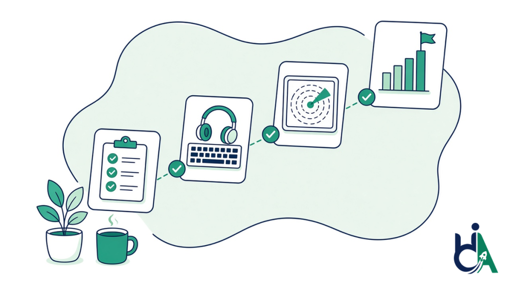Four steps of a continuous accessibility monitoring programme rising like stairs: a baseline audit clipboard, headphones and keyboard for manual testing, a radar for automated scans and a bar chart with a flag for governance reporting