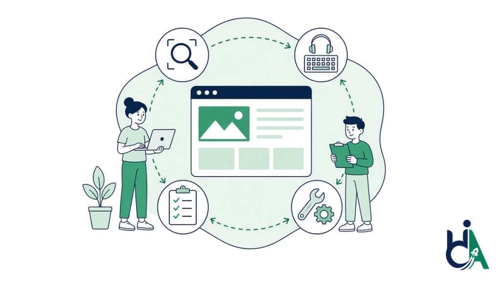 Accessibility monitoring and remediation loop around a website: scan with a magnifier, manual testing with headphones and keyboard, fix with a wrench and gear, and re-test with a clipboard, with two team members