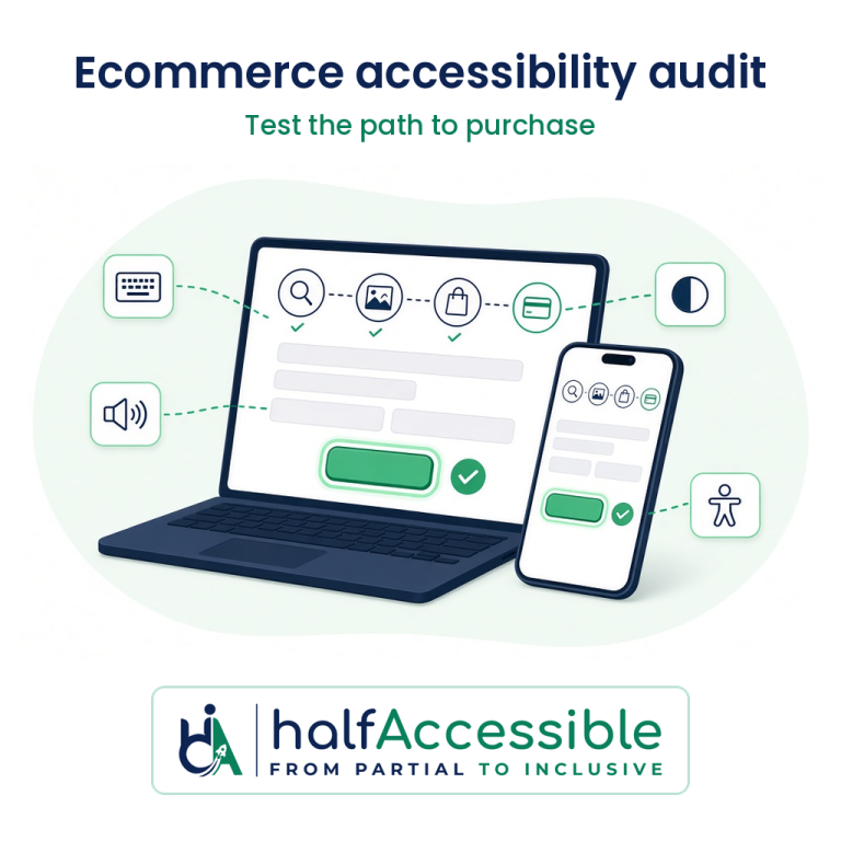Ecommerce accessibility audit of a store checkout on laptop and phone, with search, product, cart and checkout steps, a focus ring on the pay button and keyboard, screen reader and contrast checks