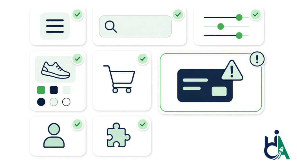Areas an ecommerce accessibility audit covers, from menu, search, filters, product page, cart and account to third-party apps, with checkout flagged for issues