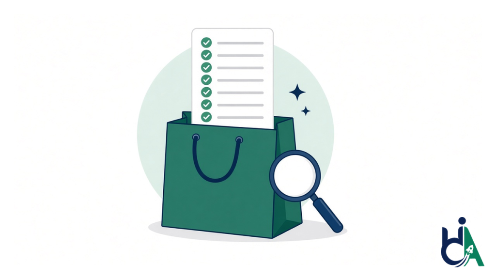 Checklist rising from a shopping bag with a magnifier, for choosing an ecommerce accessibility audit provider