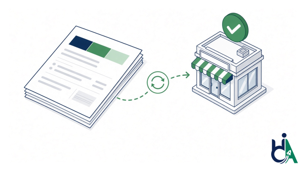 Audit report with a severity bar leading through a re-test to a storefront with a green check badge