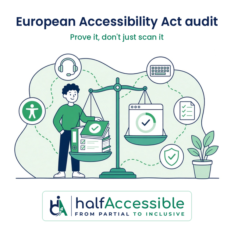 European Accessibility Act audit illustration with the headline European Accessibility Act audit, Prove it, don't just scan it: a person loads binders and a ticked report onto a balance scale opposite a browser scan score, ringed by accessibility, headphones, keyboard, checklist and shield icons, with the halfAccessible logo below