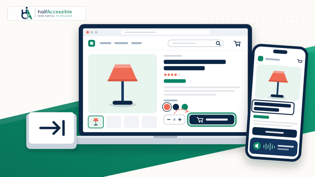 Manual EAA compliance audit of an online store product page on a laptop and a phone, with a keyboard Tab key, a visible focus ring on the Add to cart button and a screen reader speech panel on the phone.